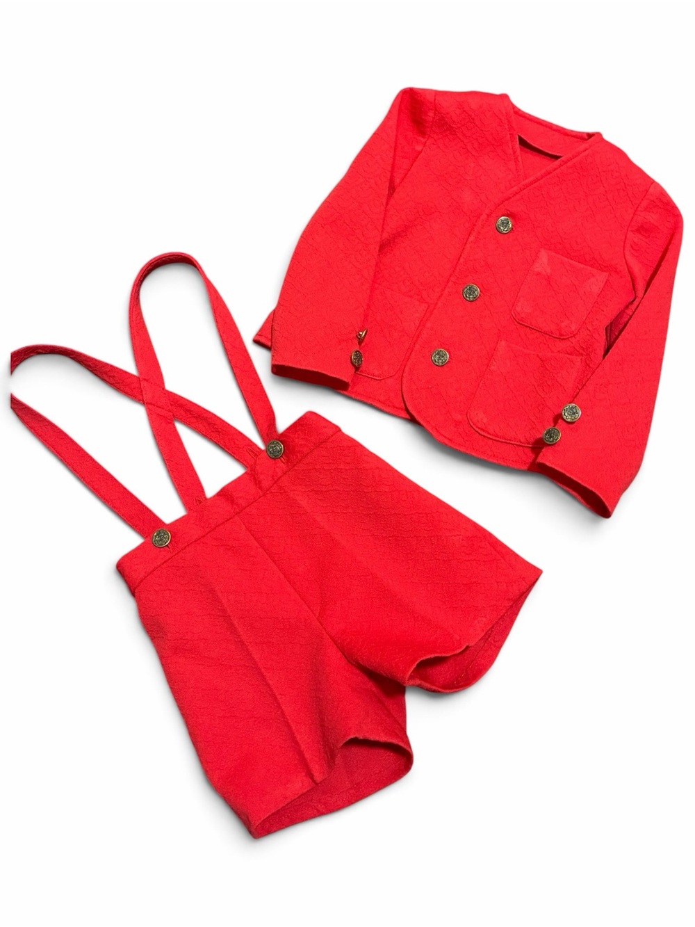 Vintage Toddler Red Suspender Shorts‎ & Jacket 2 Pc Outfit Suit Unisex Handmade